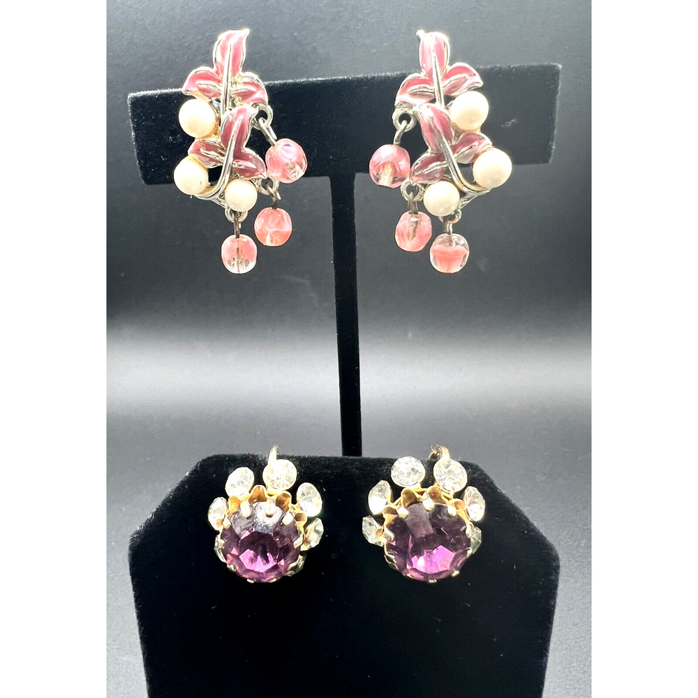 MCM Vintage Lot of 2 PR CORO Earrings Faux Pearl Amethyst Glass Rhinestones